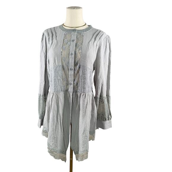 POL Cotton Lace Button Front Tunic Top Gray | Peasant Boho Blouse | Small - Picture 2 of 12